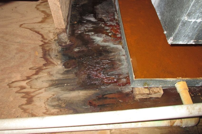 A stained water pipe in a basement, indicating potential mold issues, relevant to crawl space mold removal in Houston, TX.