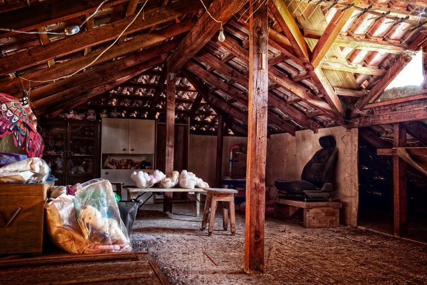 An attic featuring a wooden ceiling filled with various items, highlighting the need for mold removal services in Houston, TX.