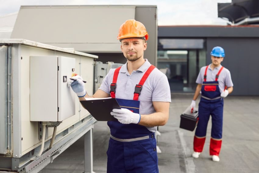 Two men wearing overalls next to an air conditioner, showcasing an HVAC mold removal service based in Houston, TX.