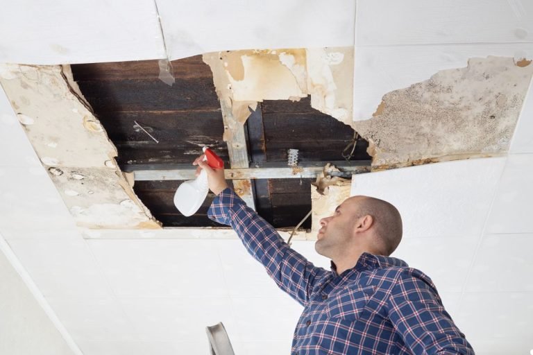 A person sprays a cleaning solution onto a damaged ceiling with visible water stains and mold, indicating potential water damage.