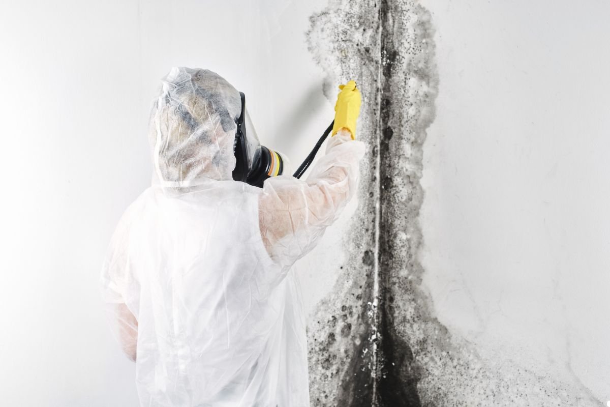 A person in protective gear scrubs mold from a wall, wearing a respirator and yellow gloves, with visible mold patches present.